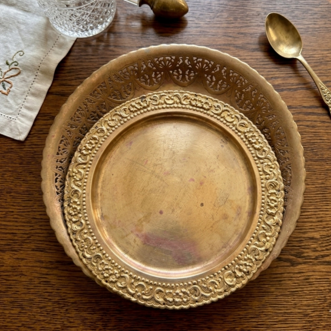 Antique Peetal Engraved Plate Pair with Ornate Borders | Pure Brass Decorative Plates | Made in 1971
