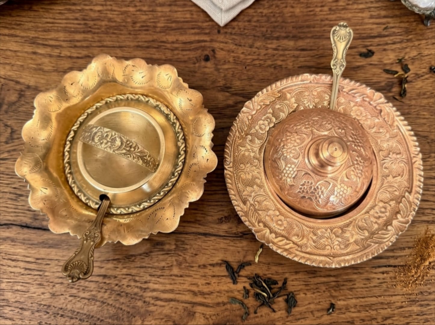Antique Peetal Engraved Butter Dish Pair | Pure Brass Decorative Serving Dishes | Made in 1972 - Bombay Antiques