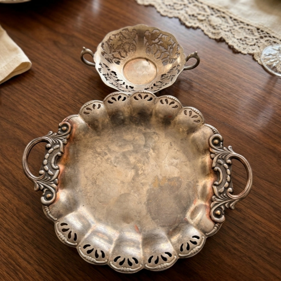 Antique Peetal Silver Coated Serving Bowl Pair | Silver-Coated Brass Decorative Serving Bowls | Made in 1970