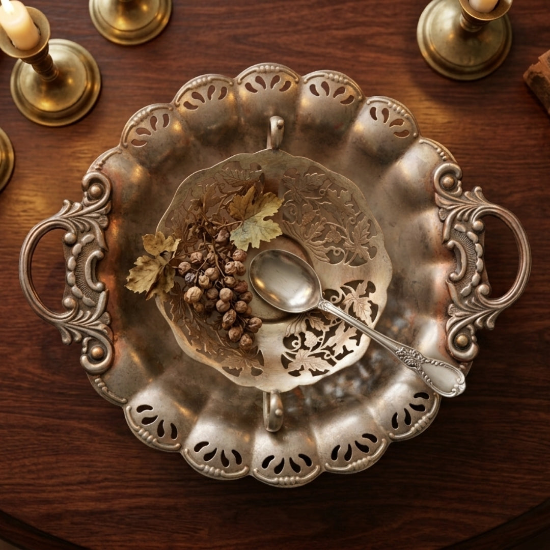 Antique Peetal Silver Coated Serving Bowl Pair | Silver-Coated Brass Decorative Serving Bowls | Made in 1970