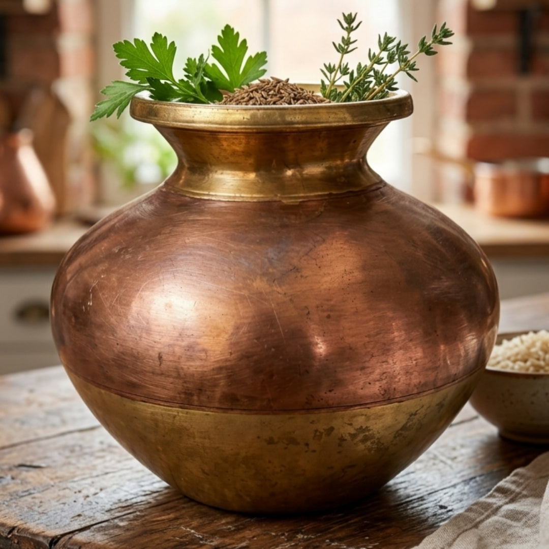 Antique Tamba Peetal Gangajamuna Kalash | Pure Copper and Brass Decorative Vessel | Made in 1965