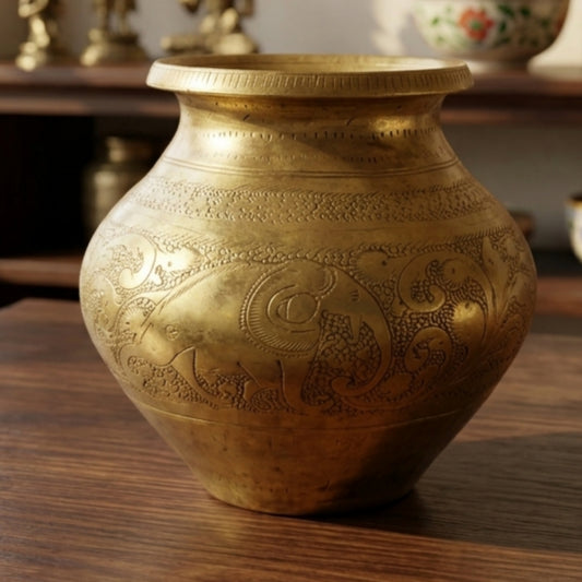 Antique Peetal Engraved Kalash | Pure Brass Decorative Vessel | Made in 1961 - Bombay Antiques