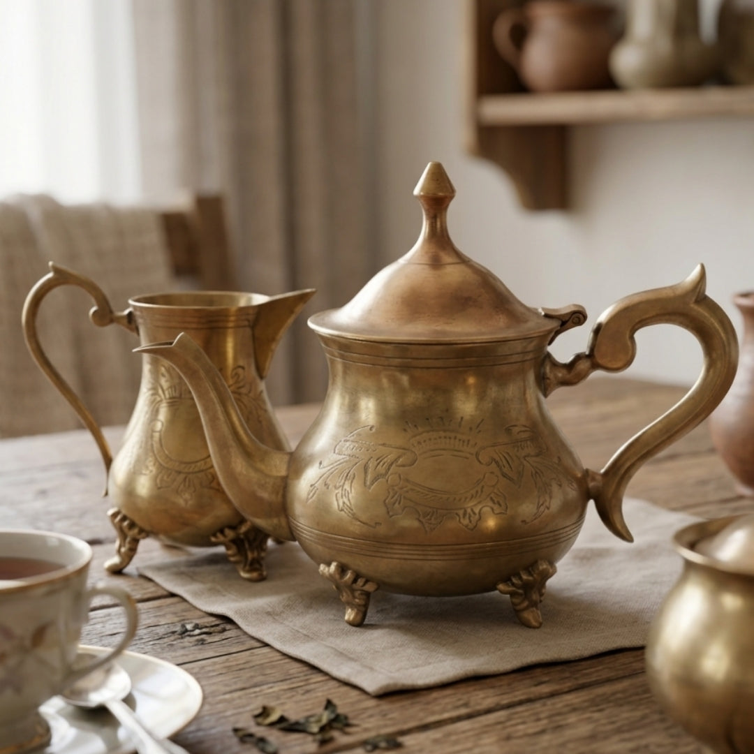 Antique Peetal Tea Set Pair | Pure Brass Serving Set | Made in 1977