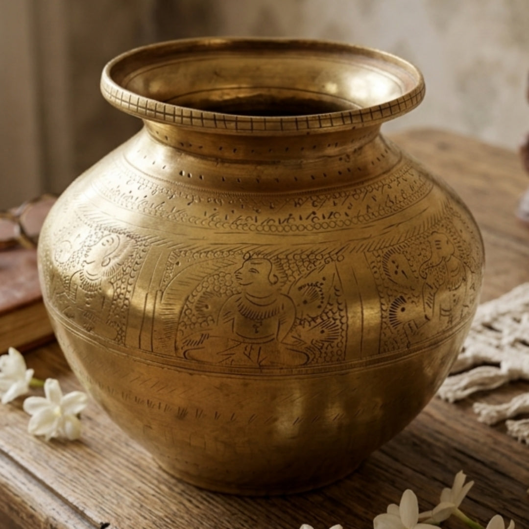 Antique Peetal Engraved Kalash | Pure Brass Decorative Vessel | Made in 1969