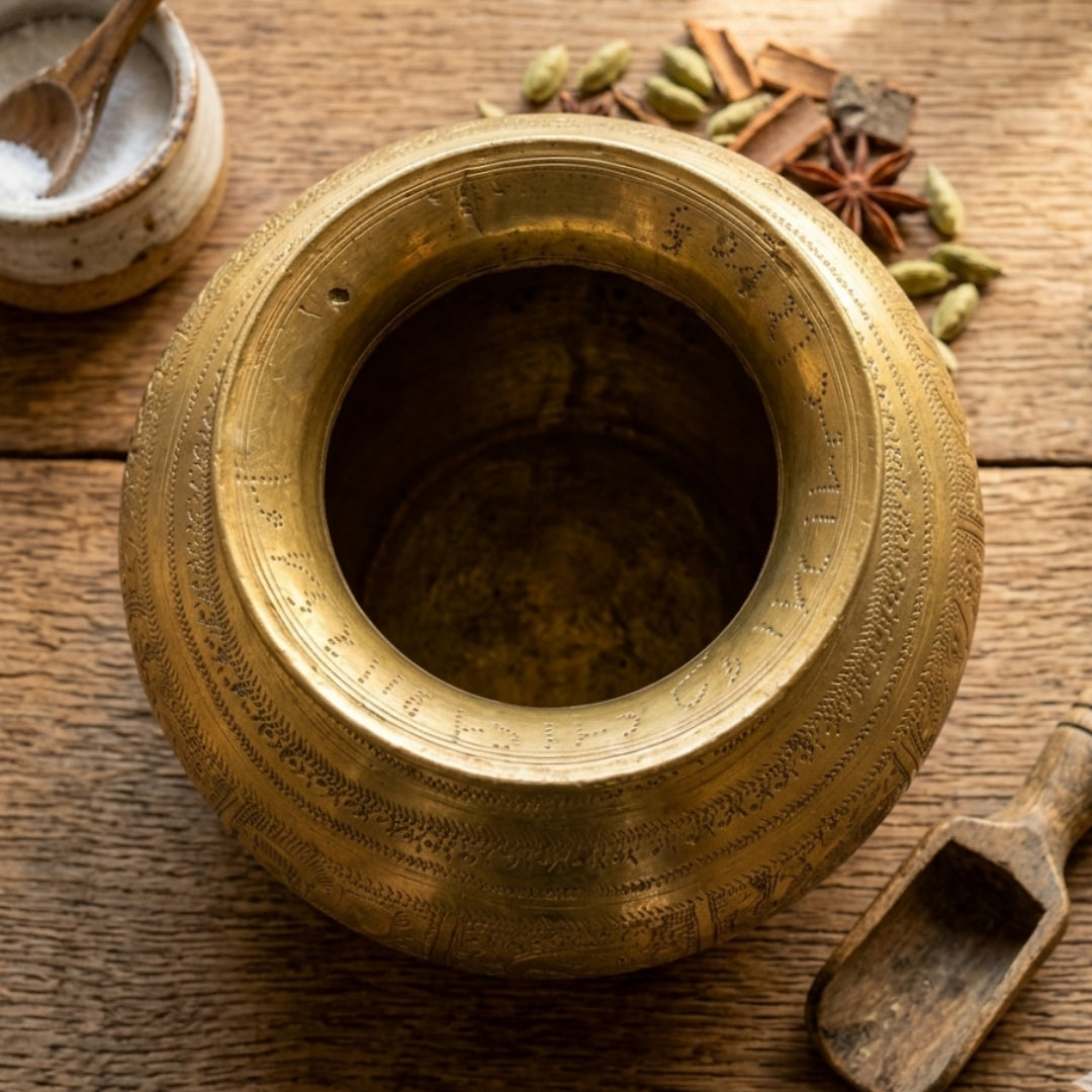 Antique Peetal Engraved Kalash | Pure Brass Decorative Vessel | Made in 1968