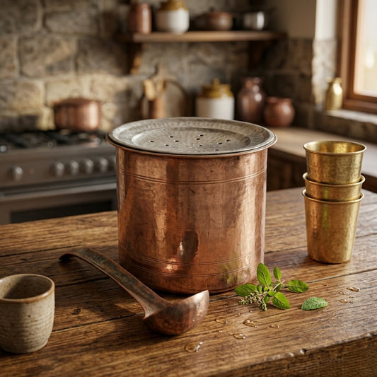 Antique Peetal Long Shape Cooking Bowl with Lid and Ladle | Pure Brass Serving Bowl | Made in 1973 - Bombay Antiques