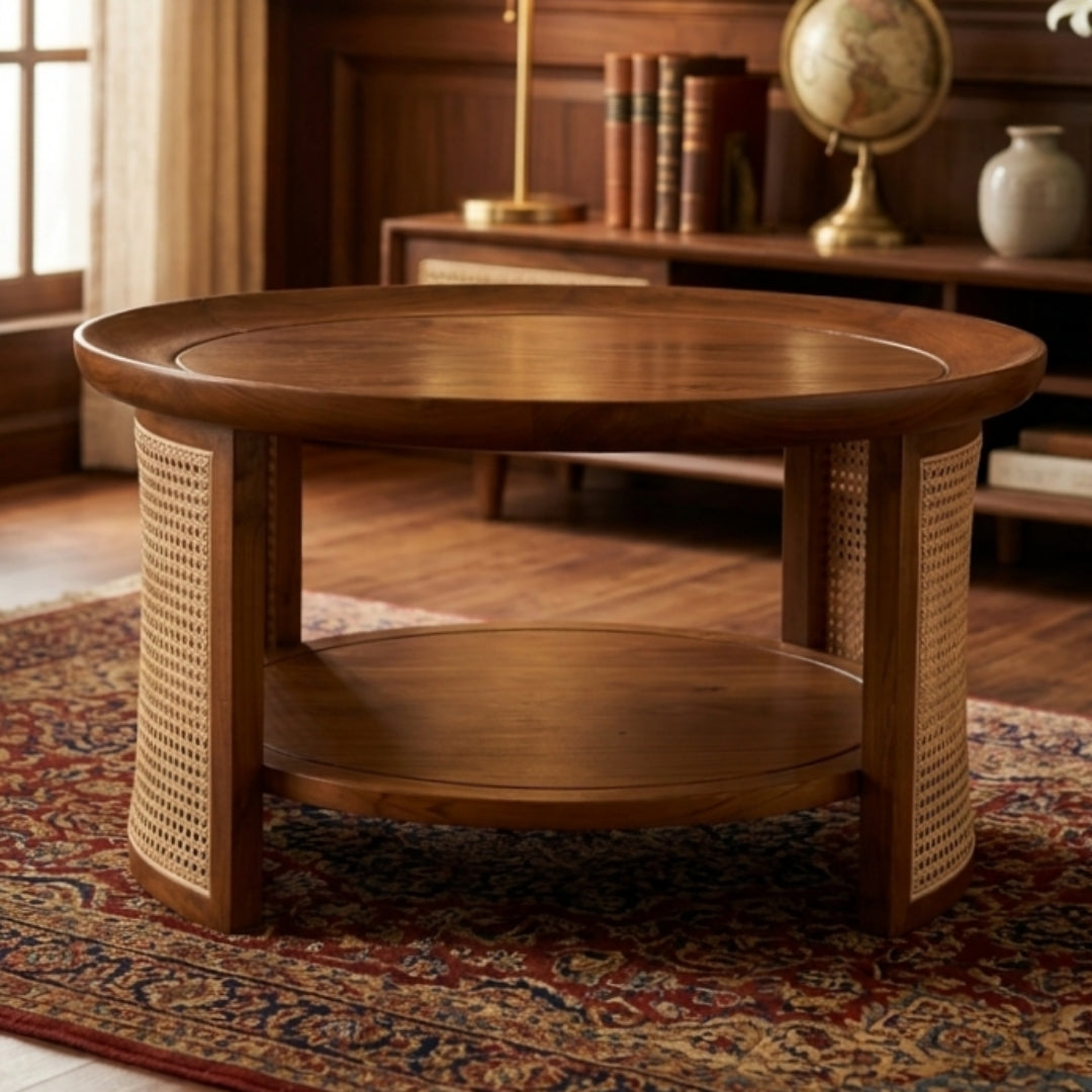Sagwan Teak Wood Large Round Cane Panel Coffee Table | Solid Teak Rattan Drum Base Centre Table | Inspired by 1950s Mid-Century Colonial Design