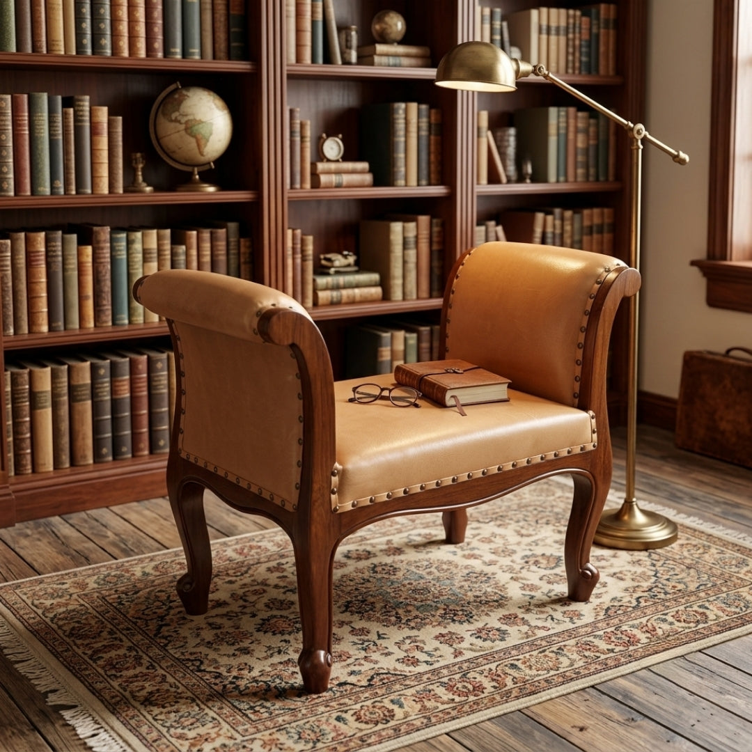 Sagwan Teak Wood Tan Leatherette Window Bench | Solid Teak Rolled-Arm Ottoman Bench with Antique Brass Studs | Inspired by 19th Century Regency & Empire Style