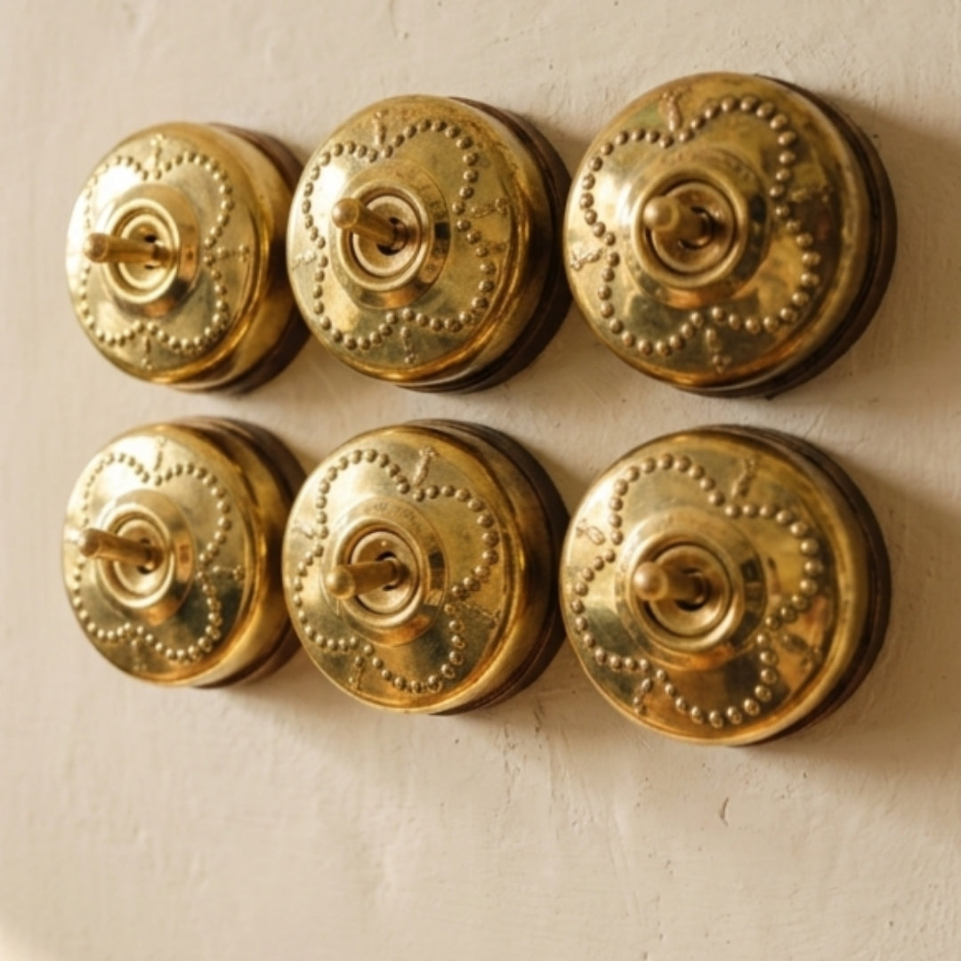 Vintage Brass Beaded Quatrefoil Toggle Switch Set | Antique Brass Round Wall Switches