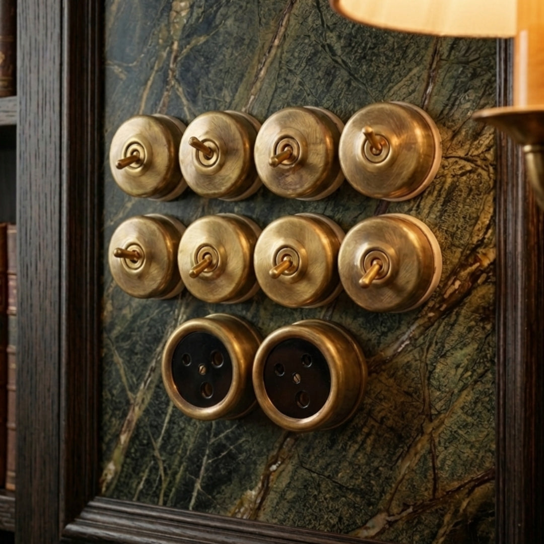Vintage Brass Smooth Dome Toggle Switch & Socket Set | Antique Brass Round Wall Switches and Sockets