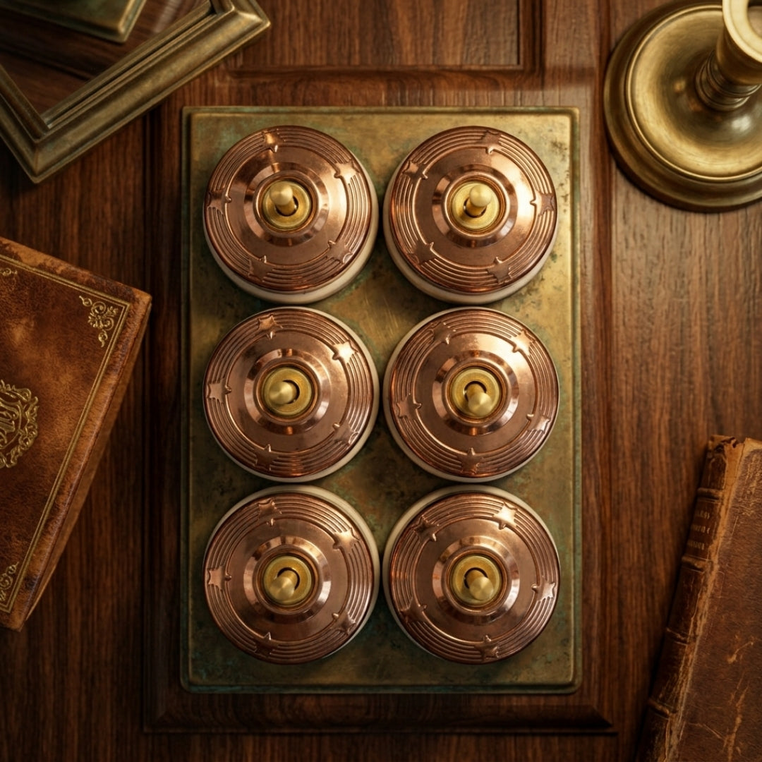Vintage Rose Gold Brass Concentric Engraved Toggle Switch | Antique Round Wall Light Switch