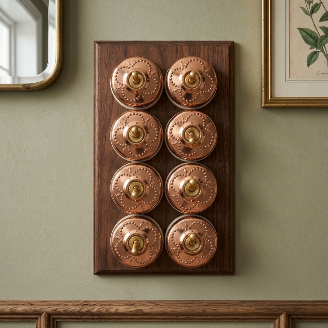 Vintage Rose Gold Brass Beaded Quatrefoil Toggle Switch Set | Brass Round Wall Switches