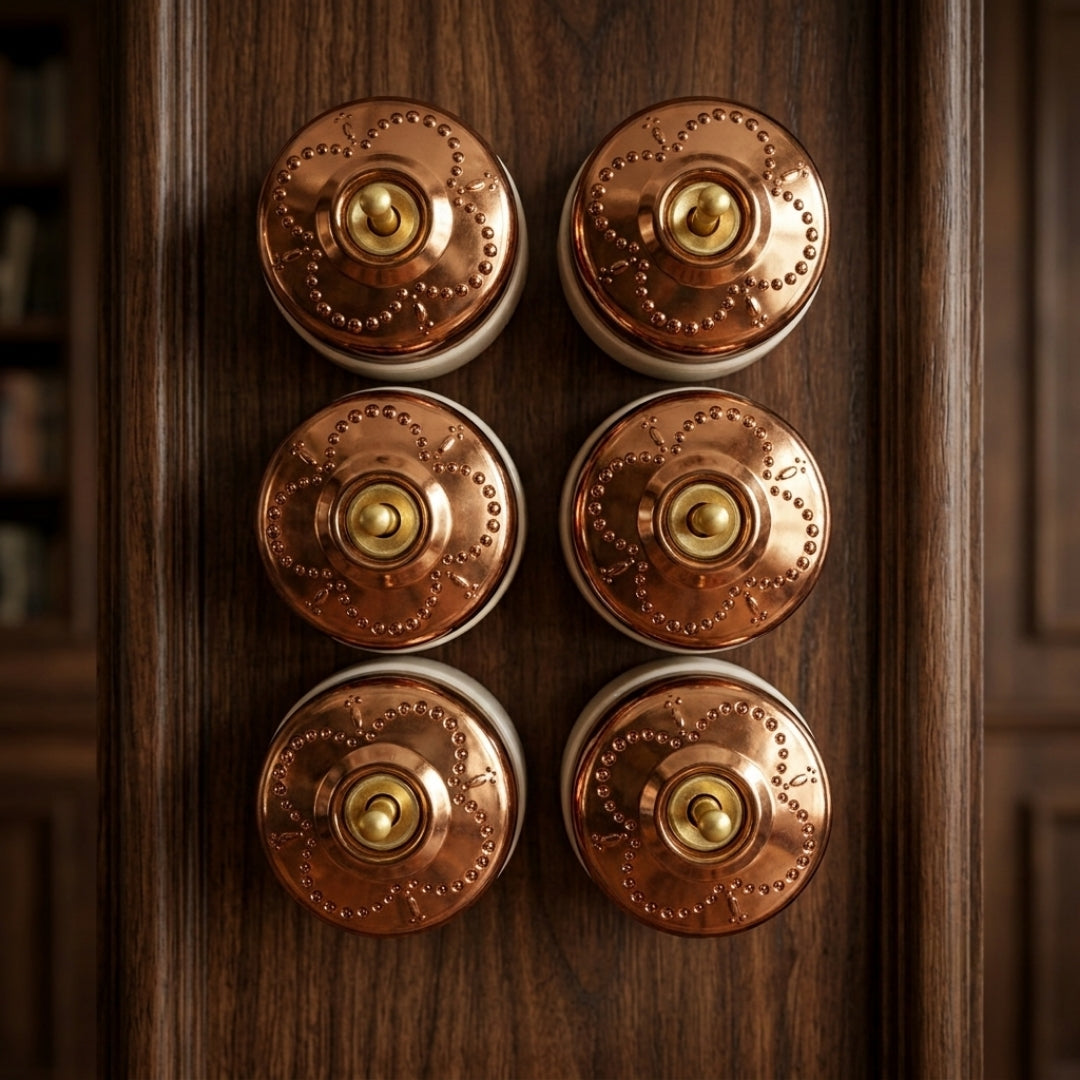 Vintage Rose Gold Brass Beaded Quatrefoil Toggle Switch Set | Brass Round Wall Switches