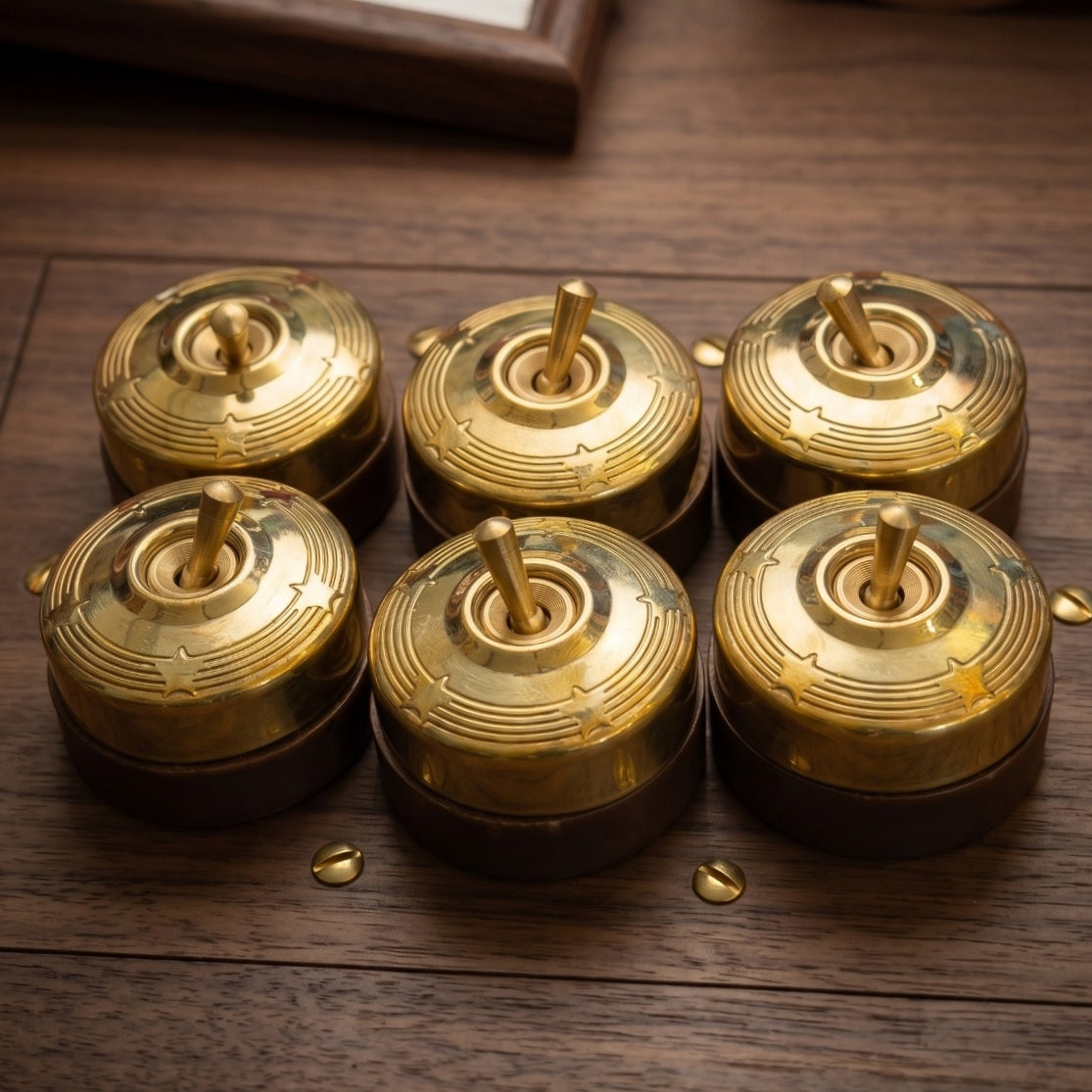 Vintage Brass Star Engraved Toggle Switch Set | Round Decorative Wall Light Switch