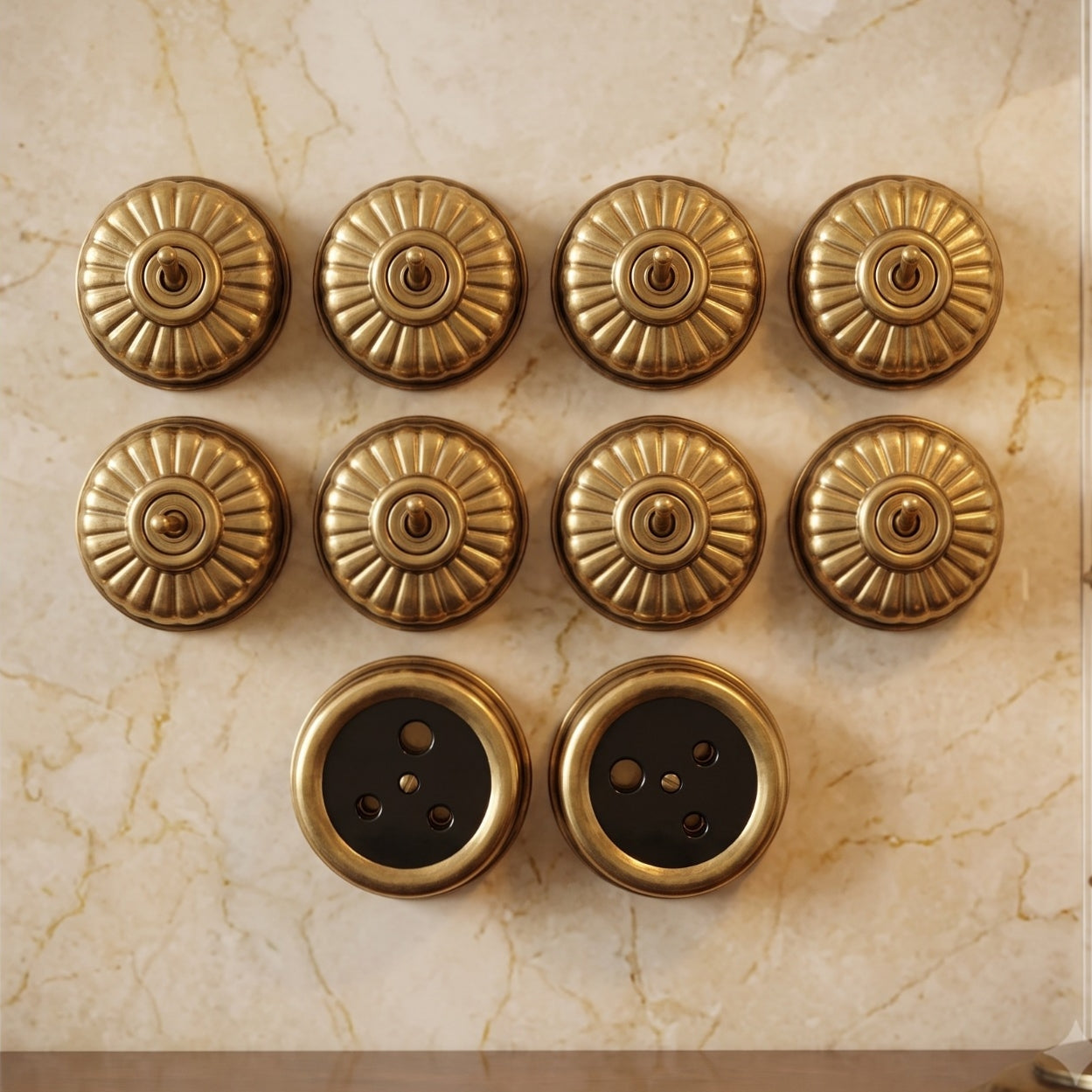 Vintage Brass Fluted Toggle Switch & Socket Set | Brass Round Wall Switches and Sockets