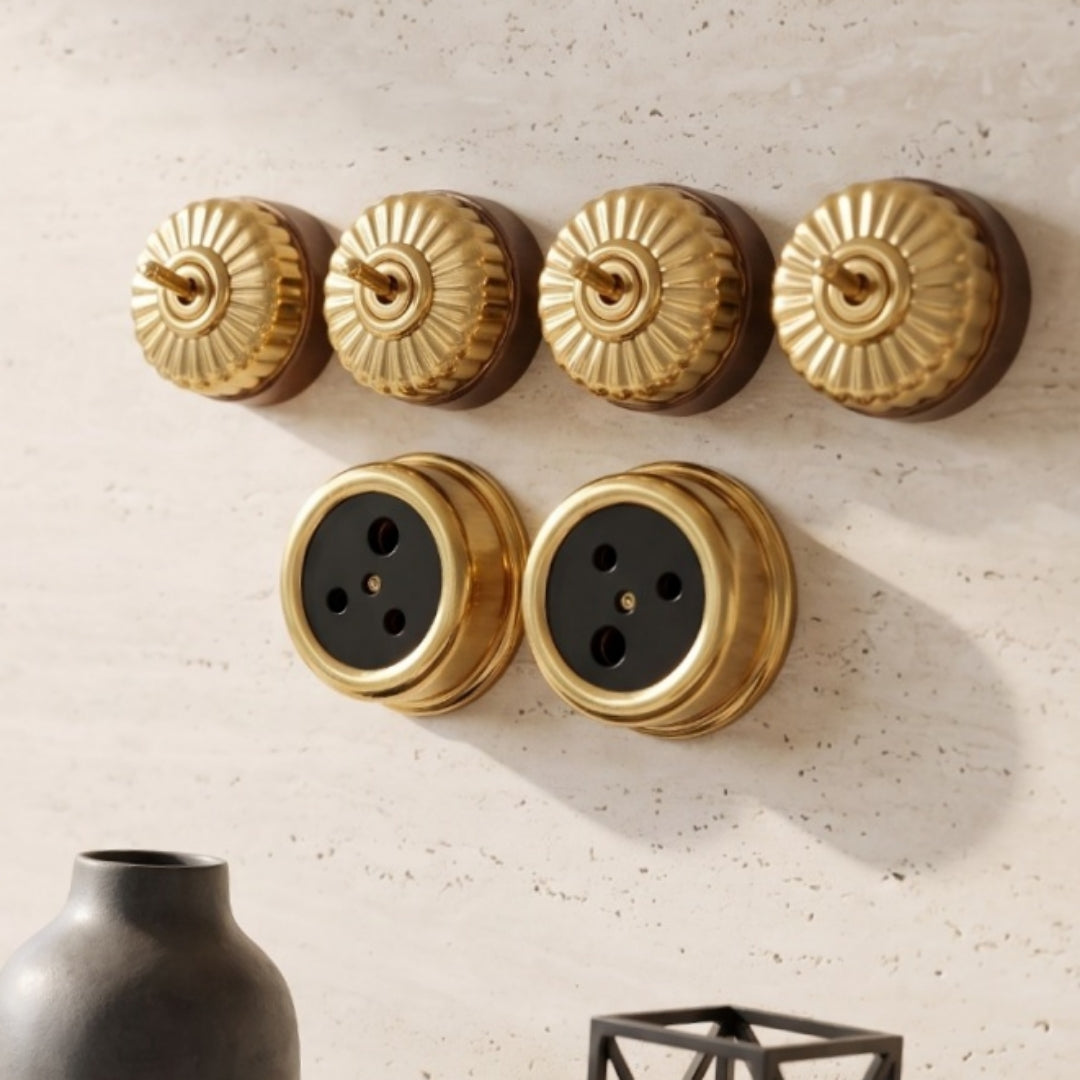 Vintage Brass Fluted Toggle Switch & Socket Set | Brass Round Wall Switches and Sockets