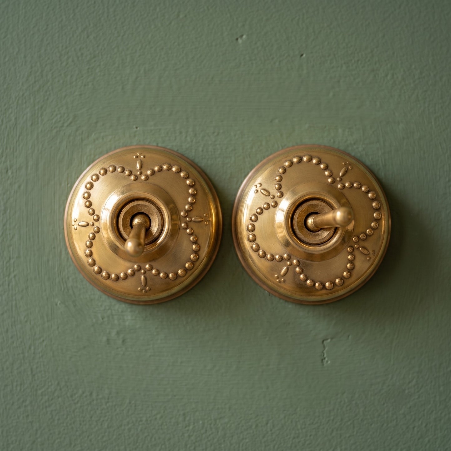 Vintage Brass Beaded Quatrefoil Toggle Switch Set | Antique Brass Round Wall Switches
