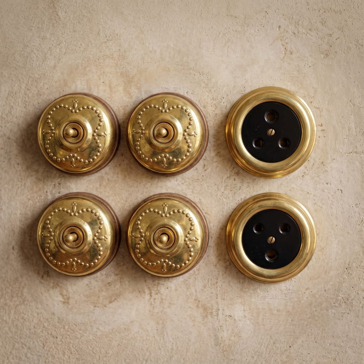Vintage Brass Beaded Quatrefoil Toggle Switch Set | Antique Brass Round Wall Switches