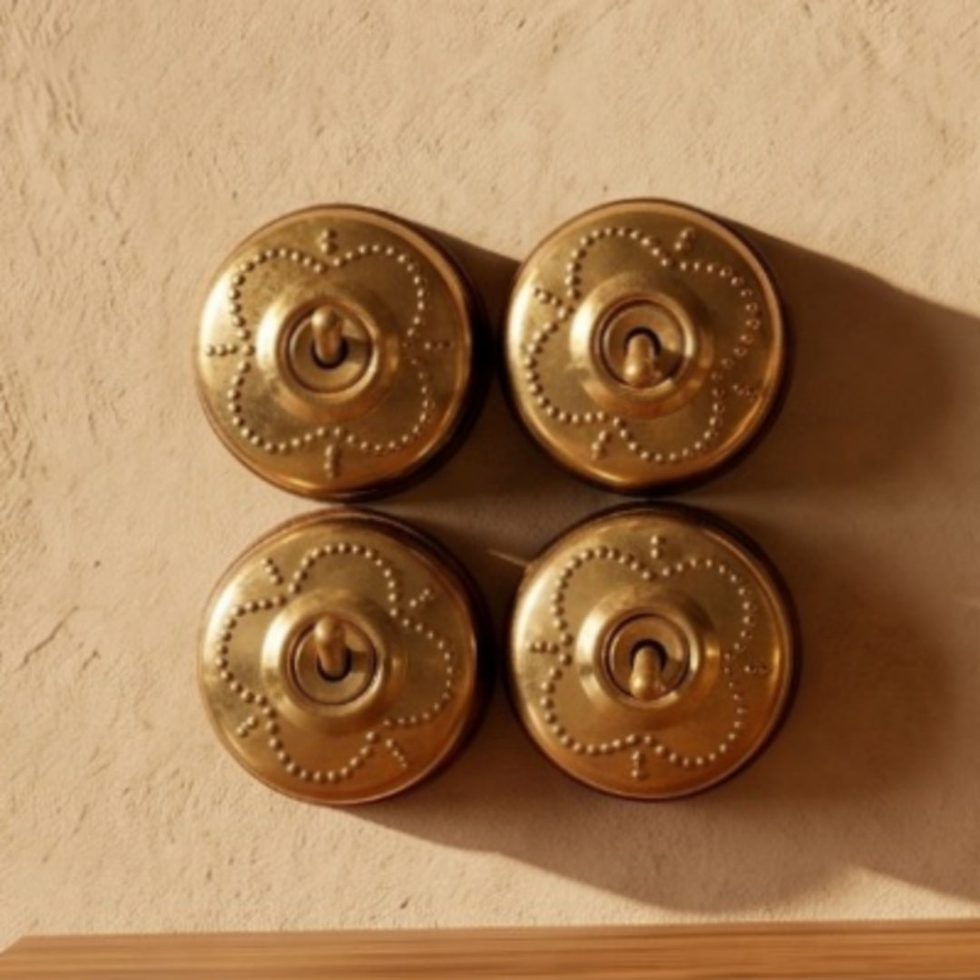 Vintage Brass Beaded Quatrefoil Toggle Switch Set | Antique Brass Round Wall Switches