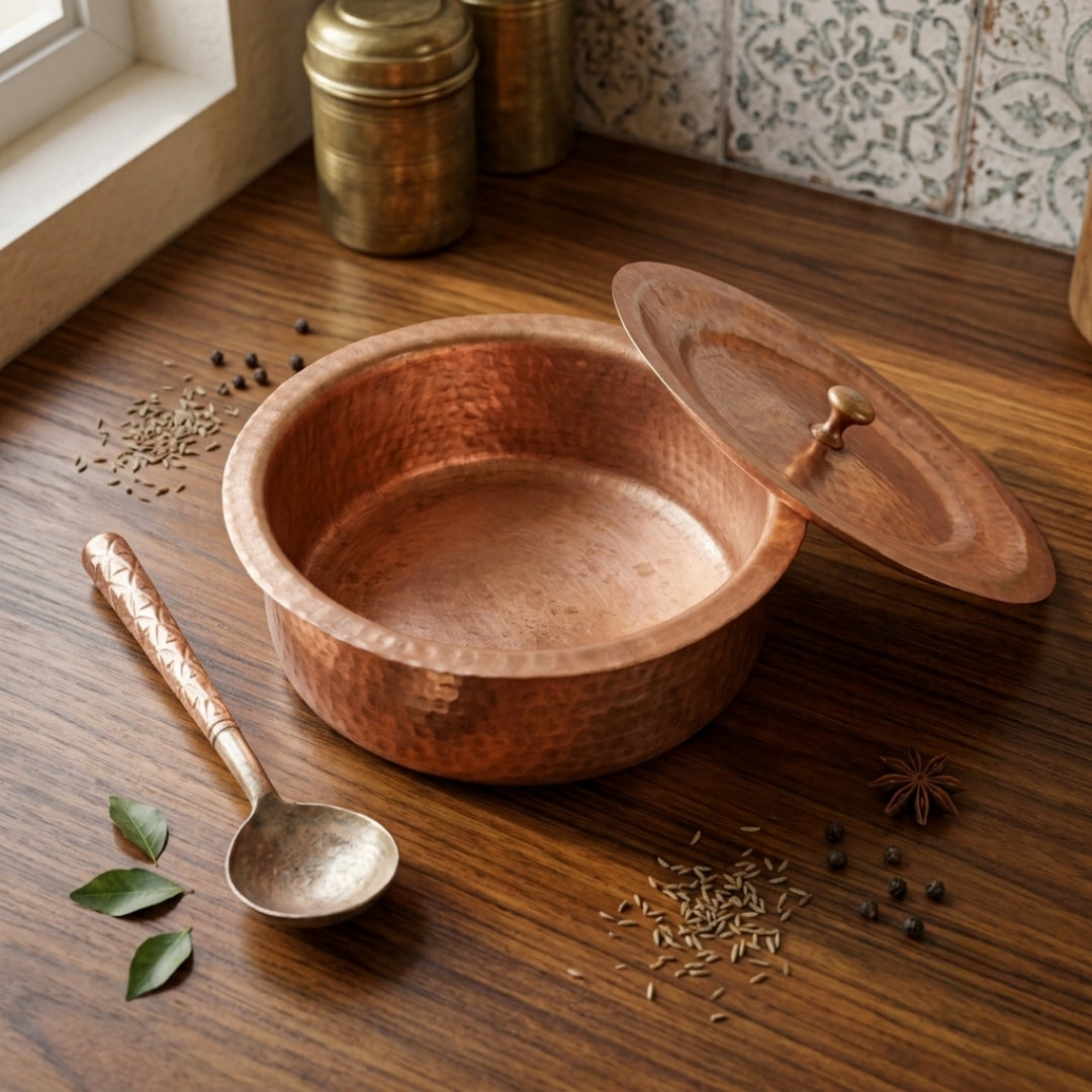 Antique Copper Hand-Hammered Deg Bowl with Lid & Ladle Set | Traditional Copper Cookware Set | Made in 1975