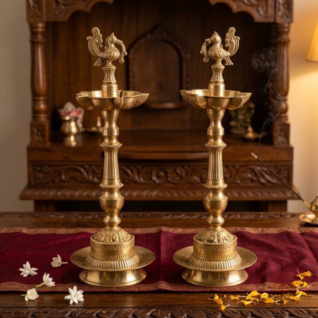 Antique Brass Engraved Samai Pair | Handcrafted Standing Oil Lamps | Made in 1969