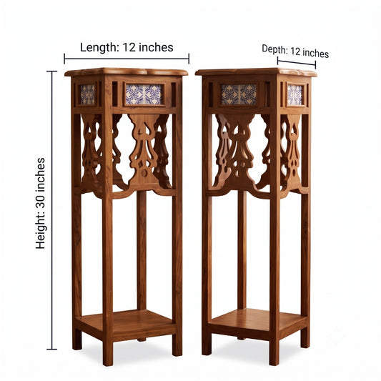 Antique Sagwan Teak Wood Set of 2 Jali-Carved Pedestal Stands | Solid Teak Tile-Inset Plant Stands | Inspired by Indo-Portuguese Design - Bombay Antiques