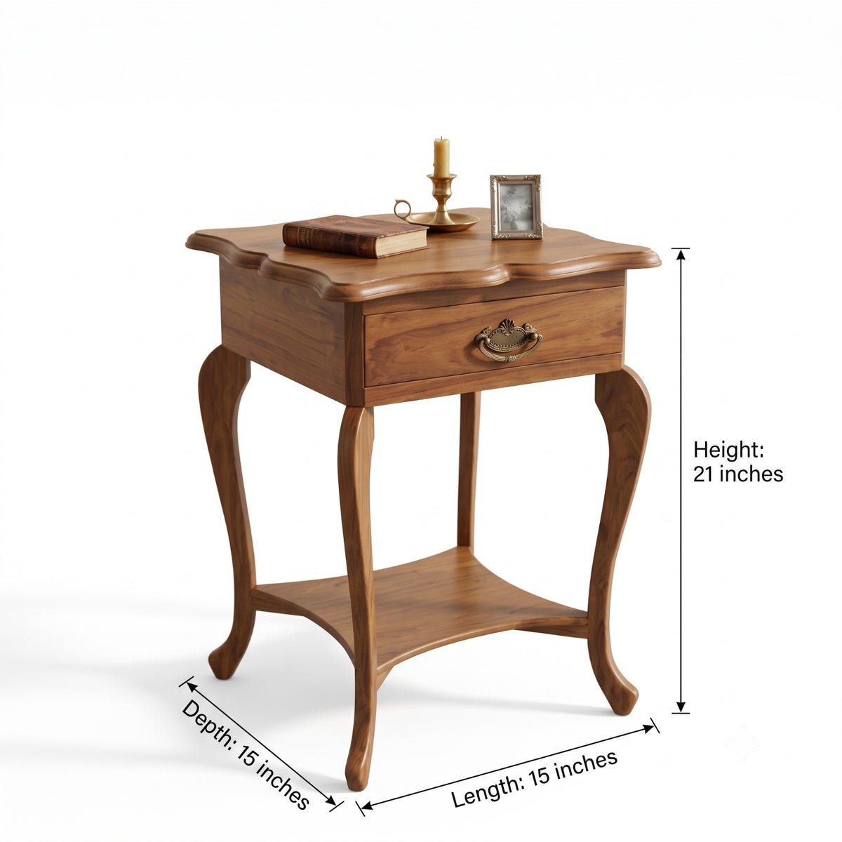 Sagwan Teak Wood Single Drawer Side Table with Scalloped Top | Solid Teak End Table with Antique Brass Handle and Cabriole Legs | Inspired by 19th Century French Provincial Design Movement
