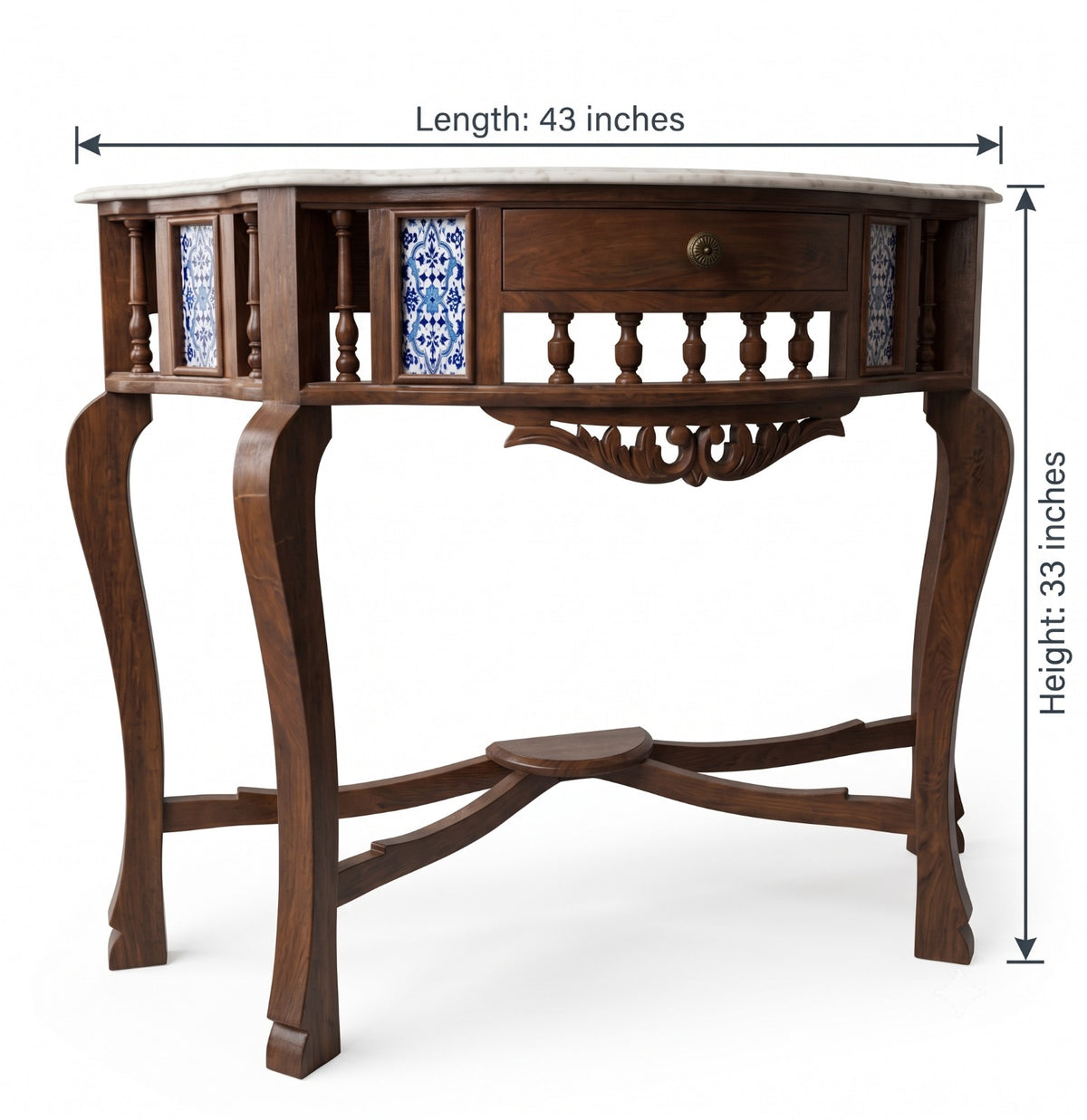 Sagwan Teak Wood Indo-Portuguese Console Table | Solid Teak Marble Top Tile Inlay Table | Inspired by 1880s Goan Colonial Design - Bombay Antiques