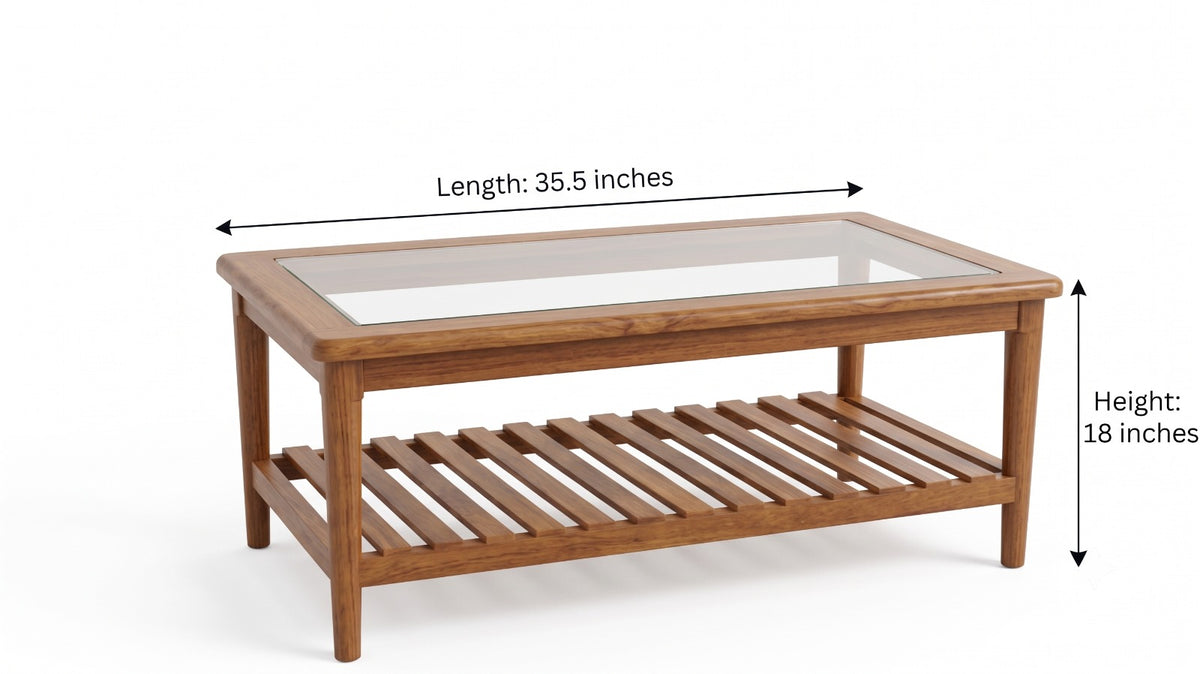 Sagwan Teak Wood Glass Top Coffee Table | Solid Teak Slatted Shelf Centre Table | Inspired by 1960s Scandinavian Modern Design - Bombay Antiques