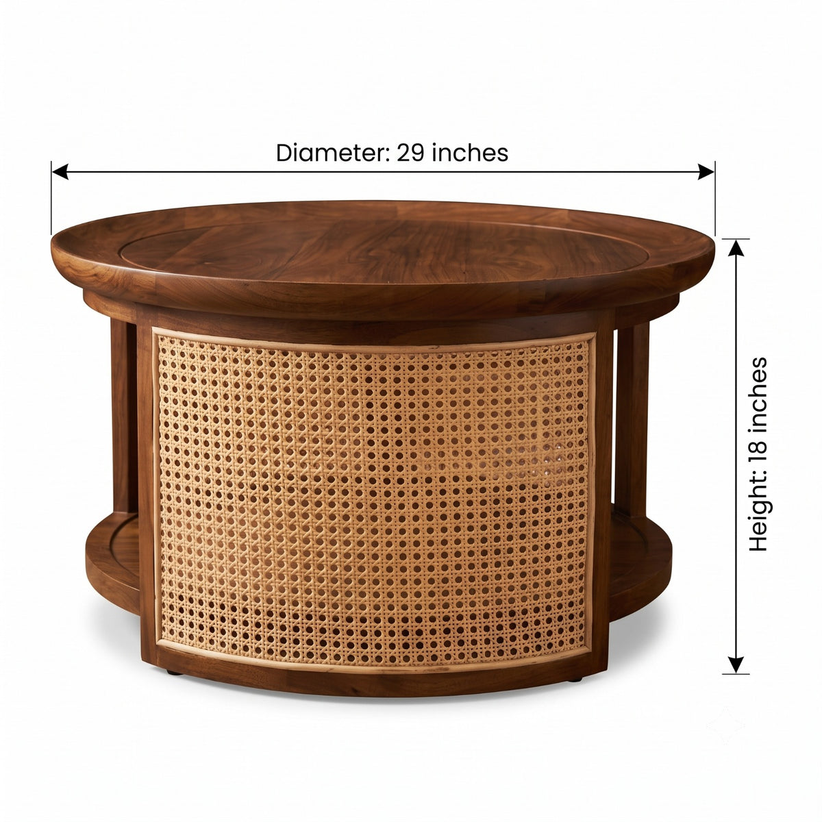 Sagwan Teak Wood Round Cane Panel Coffee Table | Solid Teak Rattan Drum Base Centre Table | Inspired by 1950s Mid-Century Colonial Design - Bombay Antiques