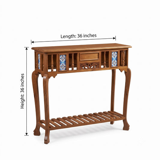 Antique Sagwan Teak Wood Tile-Inlay Console Table | Solid Teak Goan Colonial Hall Table | Inspired by Indo-Portuguese Design - Bombay Antiques