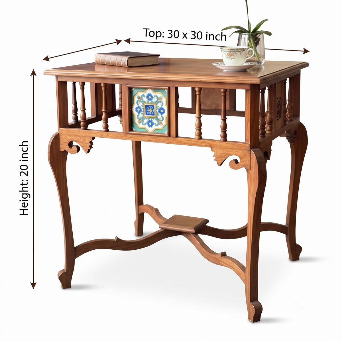 1973 Antique Wooden Side Table with Decorative Panels | 30 x 30 Inch Square Top Table - Bombay Antiques