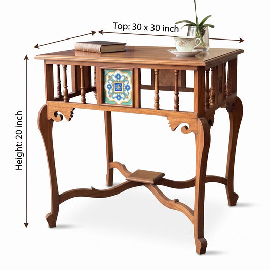 1973 Antique Wooden Side Table with Decorative Panels | 30 x 30 Inch Square Top Table - Bombay Antiques