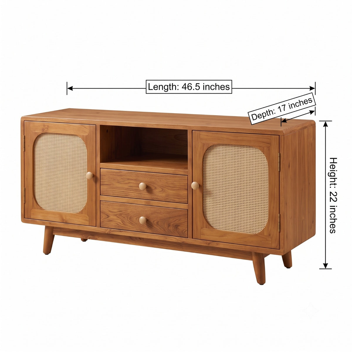 Sagwan Teak Wood Rattan Cane Media Console | Solid Teak Sideboard & TV Stand with Woven Cane Doors | Inspired by Mid-Century Modern Scandinavian Design