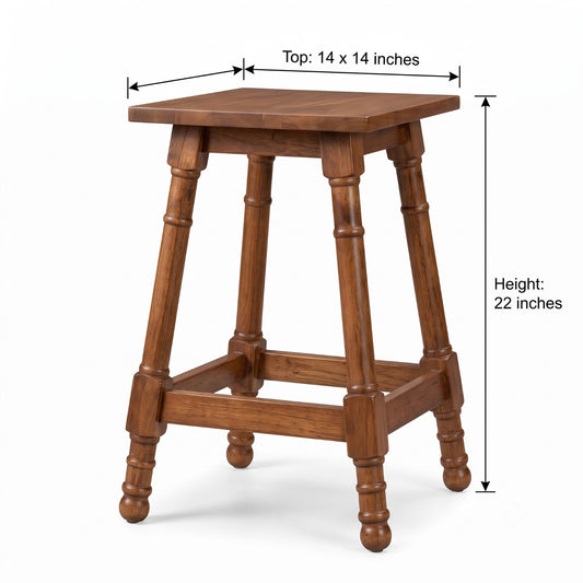 Sagwan Teak Wood Turned Leg Stool | Solid Teak Square Top Colonial Bar Stool | Inspired by 1880s British Colonial Design - Bombay Antiques