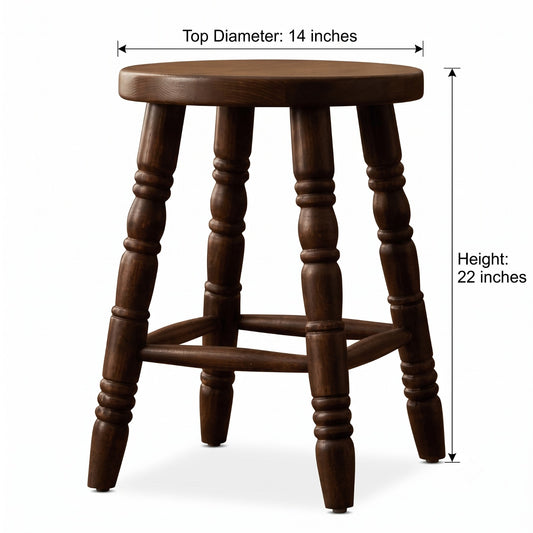 Sagwan Teak Wood Turned Leg Round Stool | Solid Teak Oval Top Colonial Accent Stool | Inspired by 1880s British Colonial Design - Bombay Antiques