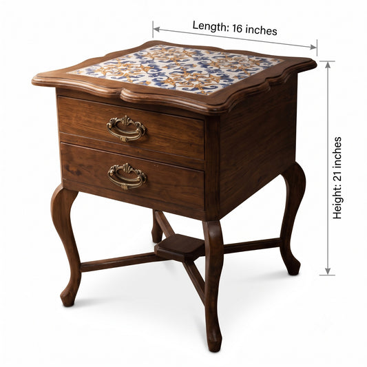 Antique Sagwan Teak Wood Tile-Top 2-Drawer Nightstand | Solid Teak Goan Colonial Bedside Table | Inspired by Indo-Portuguese Design