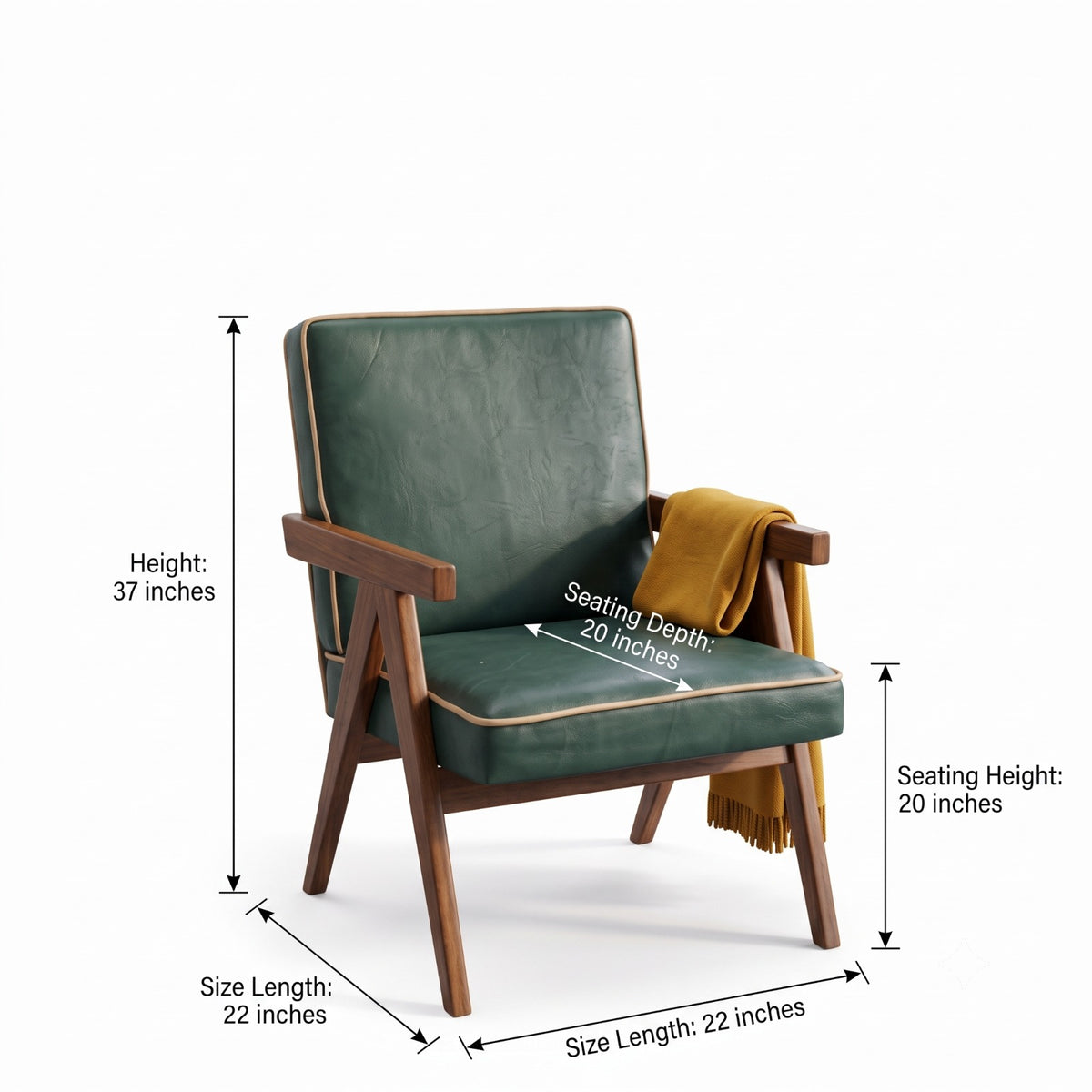 Sagwan Teak Wood Olive Green Leatherette Armchair | Solid Teak Lounge Accent Chair with Contrast Piping | Inspired by 1950s Mid-Century Modern Pierre Jeanneret Design Movement