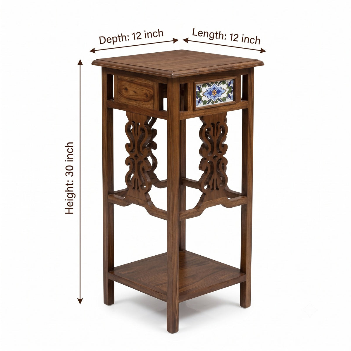 1992 Antique Teakwood Side Table with Ceramic Tile Detail | Wooden Accent Table