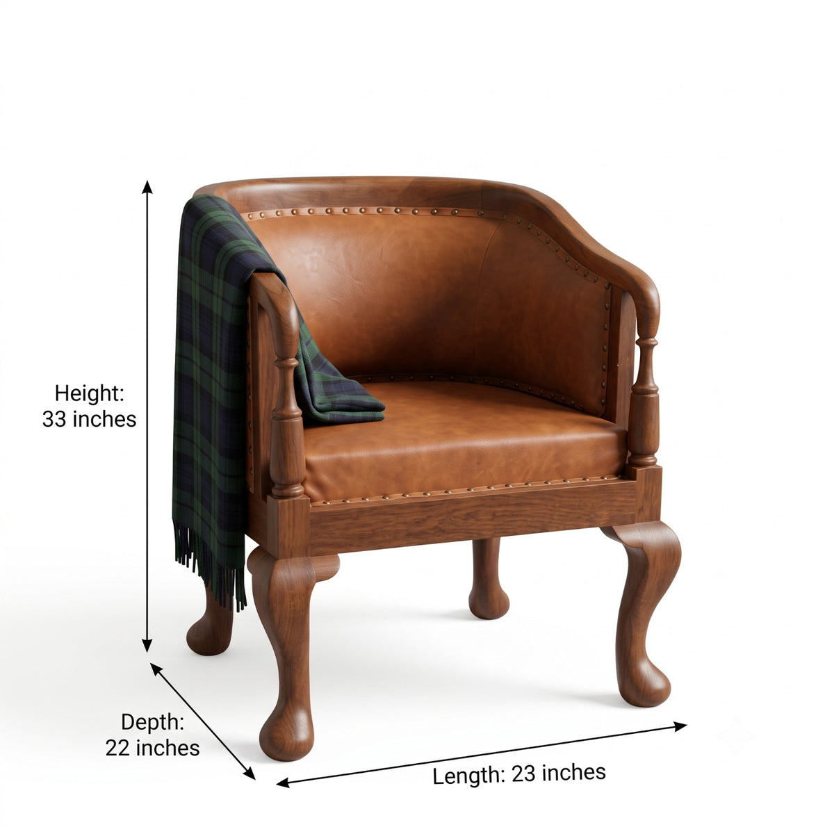 Sagwan Teak Wood Cognac Tan Leatherette Barrel Armchair | Solid Teak Captain’s Chair with Brass Studs & Cabriole Legs | Inspired by 18th Century Queen Anne Style