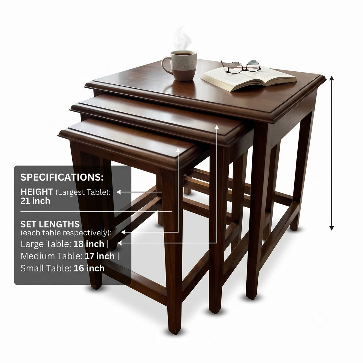 1990 Antique Teakwood Nesting Tables Set of 3 | Wooden Accent Tables