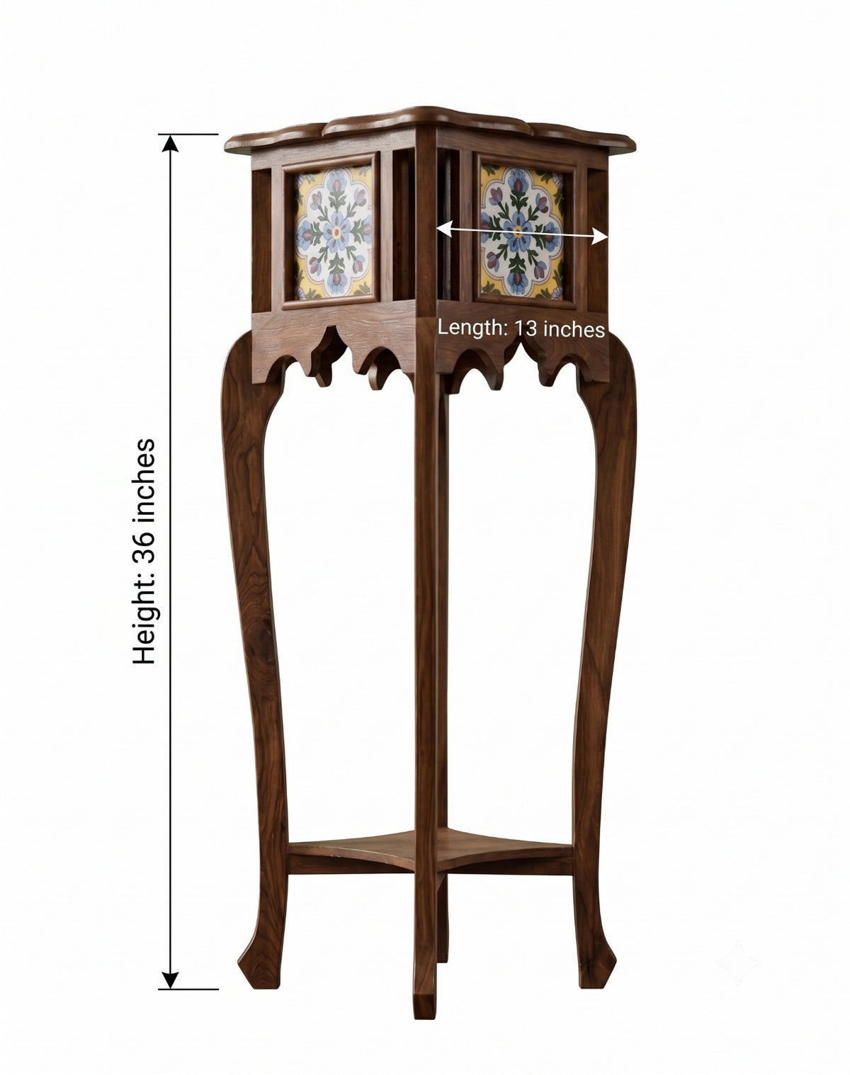 Sagwan Teak Wood Tile Inlay Pedestal Plant Stand | Solid Teak Hand-Painted Ceramic Tile Display Stand | Inspired by 1880s Indo-Moorish Colonial Design - Bombay Antiques