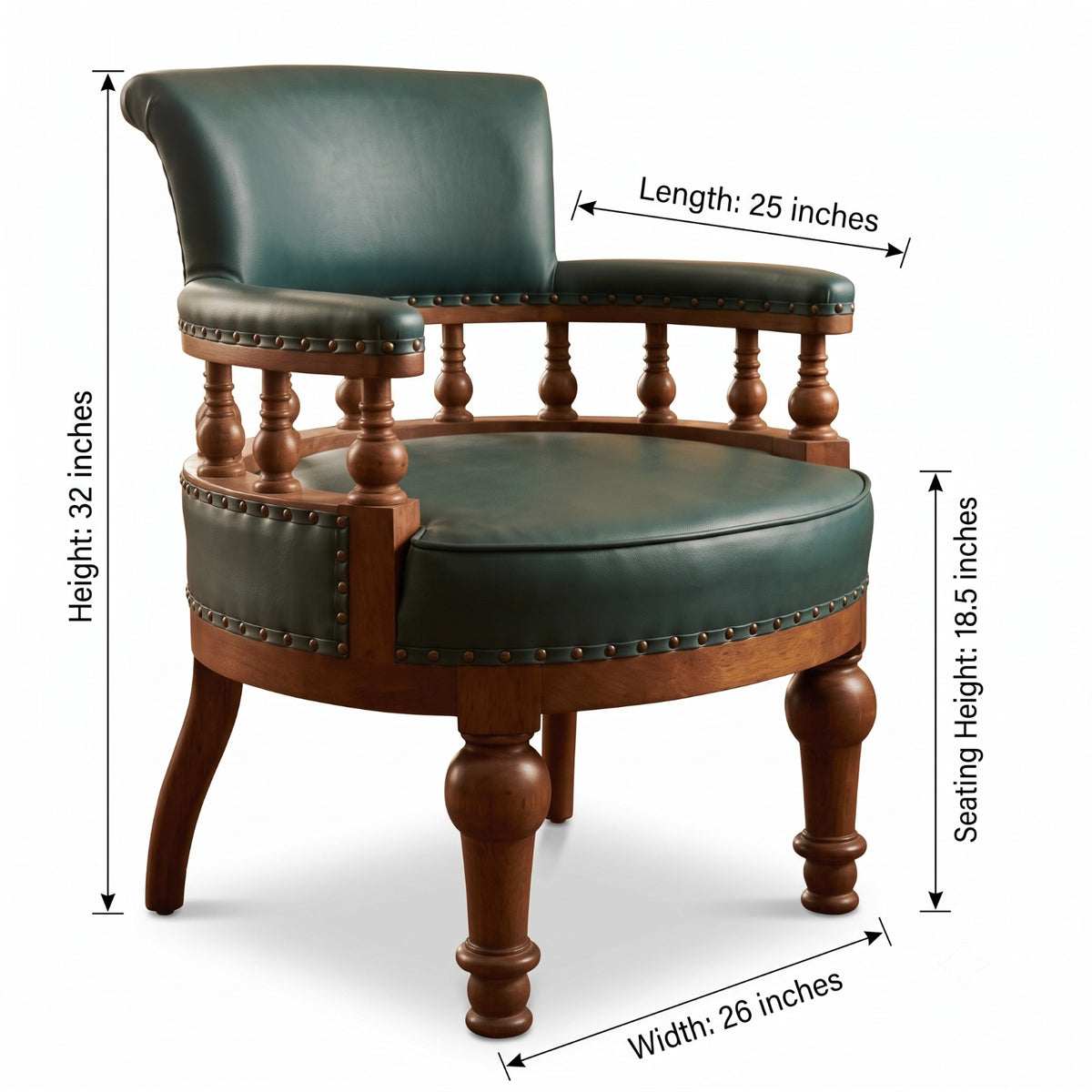Sagwan Teak Wood Captain's Tub Chair | Solid Teak Green Spindle Gallery Accent Chair | Inspired by 1880s British Colonial Design - Bombay Antiques