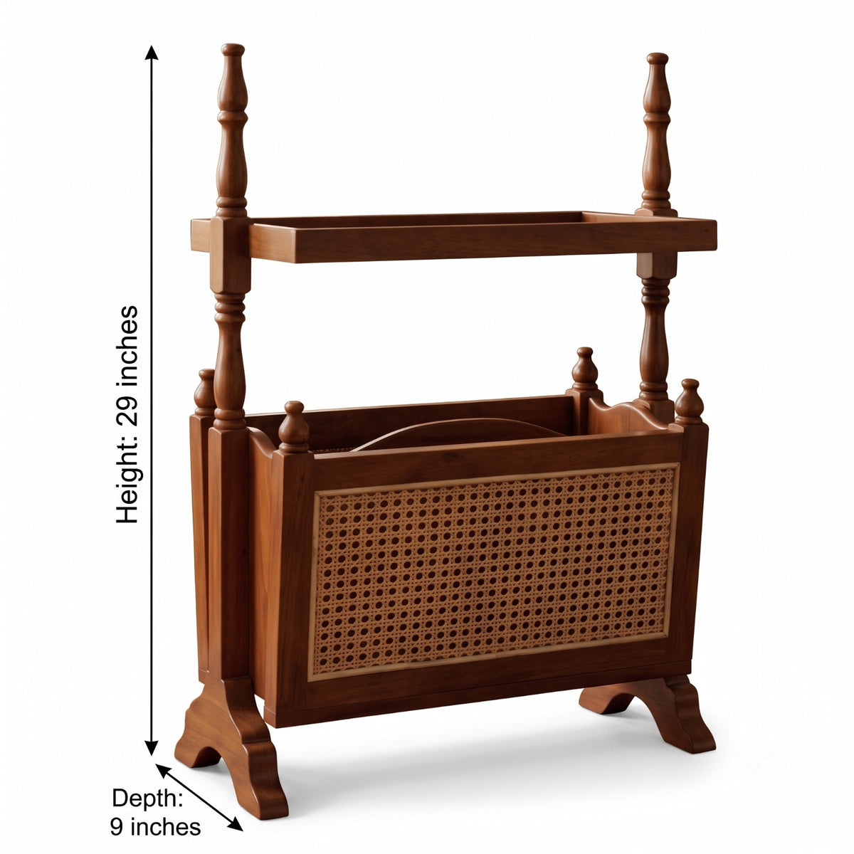 Sagwan Teak Wood Cane Panel Magazine & Book Stand | Solid Teak Turned Post Rattan Panel Library Stand | Inspired by 1880s British Colonial Design - Bombay Antiques