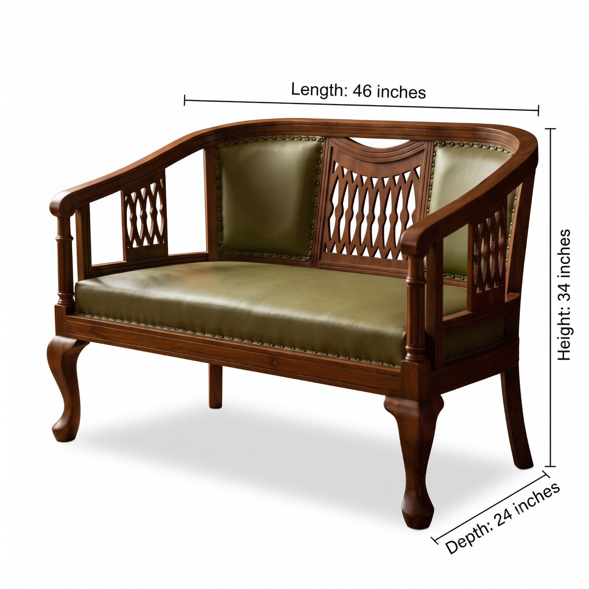 Sagwan Teak Wood Carved Jali 2 Seater Settee | Solid Teak Green Nailhead Colonial Loveseat | Inspired by 1880s British Colonial Design - Bombay Antiques
