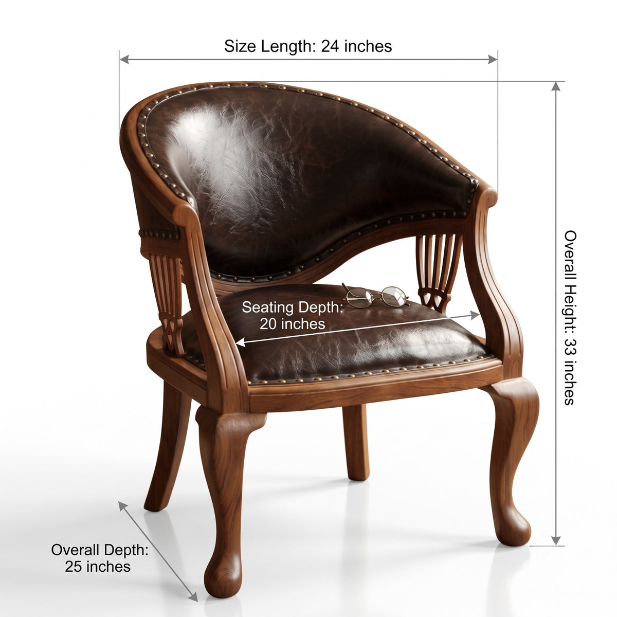 Sagwan Teak Wood Dark Brown Leatherette Barrel Armchair | Solid Teak Captain’s Office & Library Chair with Brass Studs & Cabriole Legs | Inspired by 18th Century Chippendale Style
