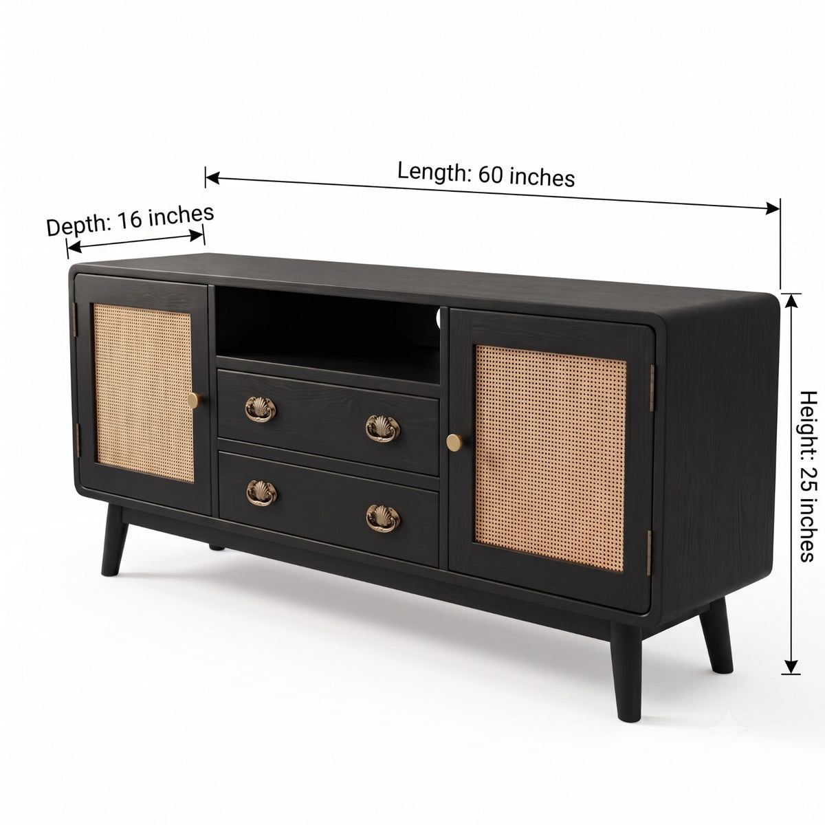 Sagwan Teak Wood Black Rattan Cane Media Console | Matte Black Solid Teak TV Stand & Sideboard with Shell Pull Handles | Inspired by 1950s Mid-Century Modern Scandinavian Design