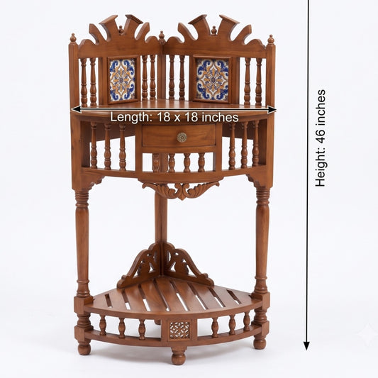 Antique Sagwan Teak Wood Corner Stand with Tile Panels | Solid Teak Goan Colonial Corner Console | Inspired by Indo-Portuguese Design - Bombay Antiques