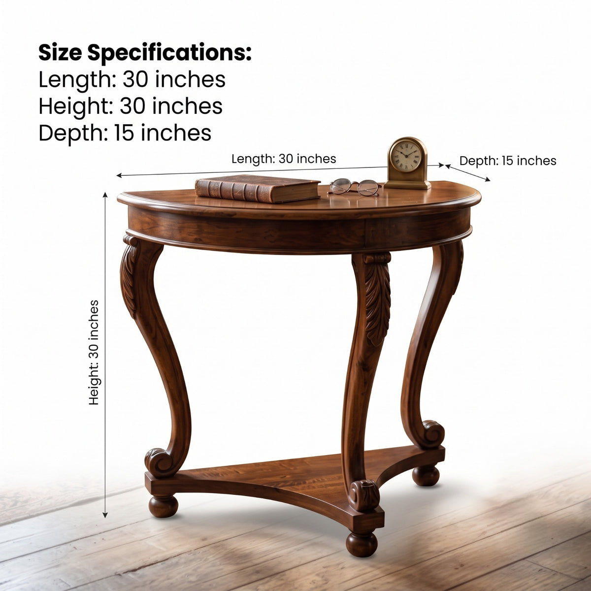 Sagwan Teak Wood Big Size Demilune Console Table | Solid Teak Half-Moon Entryway & Accent Table with Carved Acanthus Legs | Inspired by 18th Century French Louis XV Design Movement