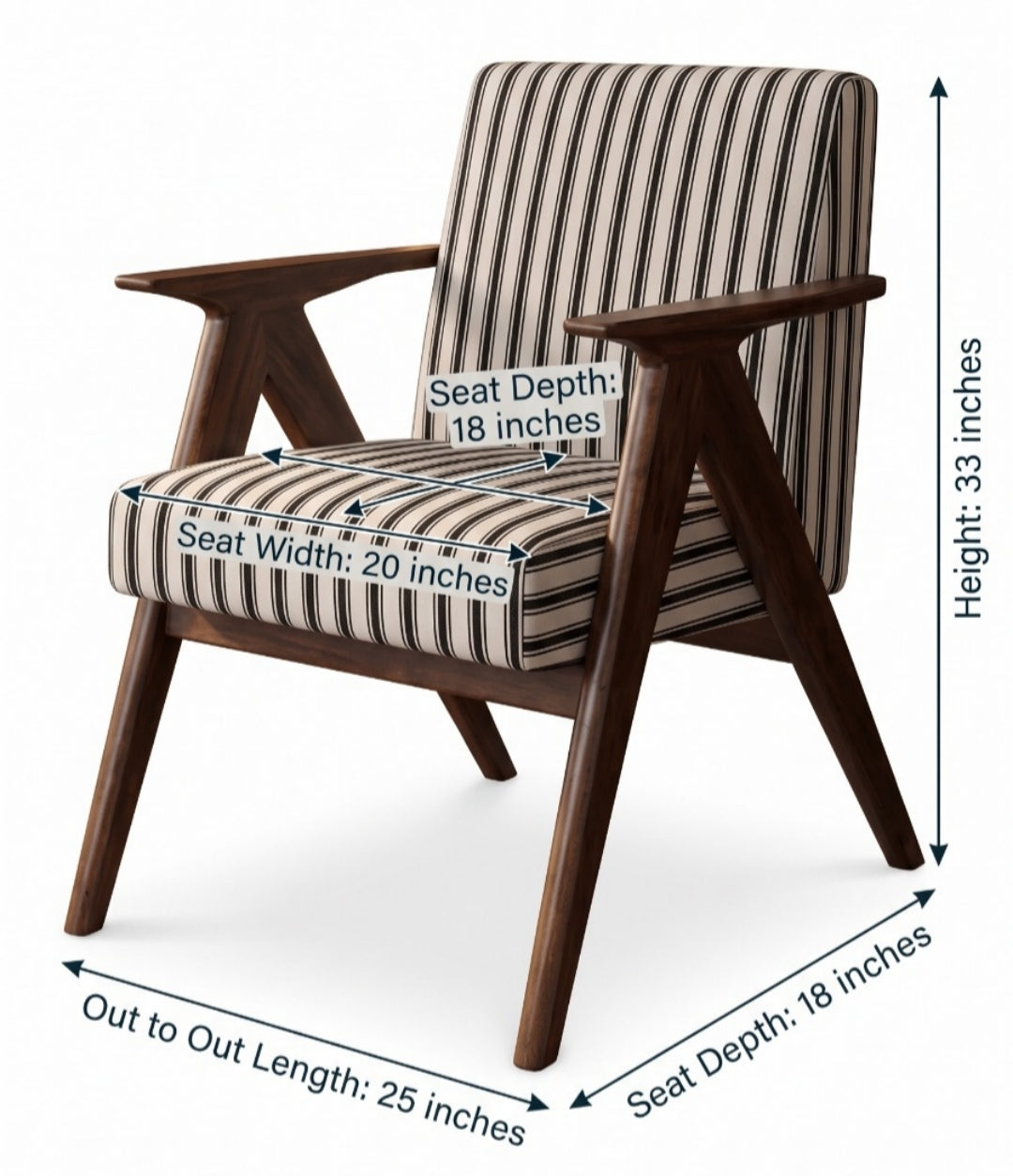 Sagwan Teak Wood Chandigarh Lounge Chair | Solid Teak Mid-Century Stripe Upholstered Accent Chair | Inspired by 1950s Modernist Design - Bombay Antiques